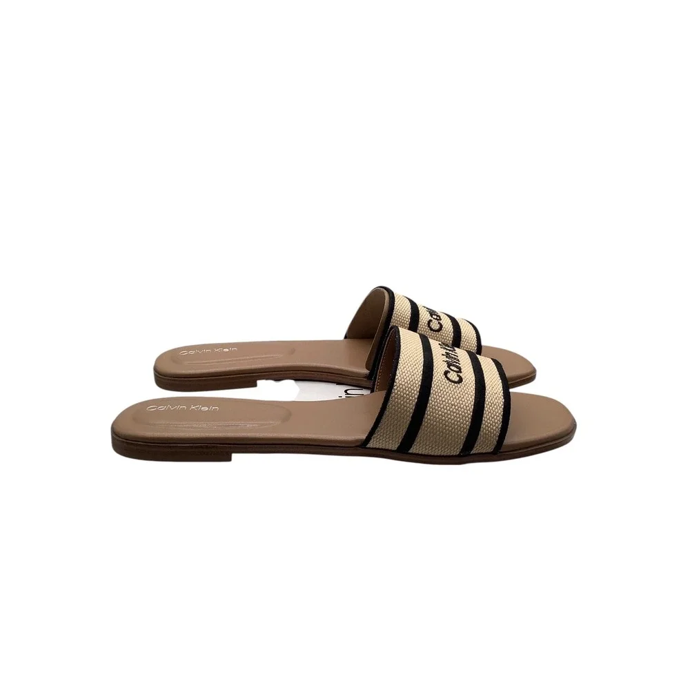 Calvin Klein Kendell Women Slide Sandals Light Natural Black Striped Flat 9.5 M